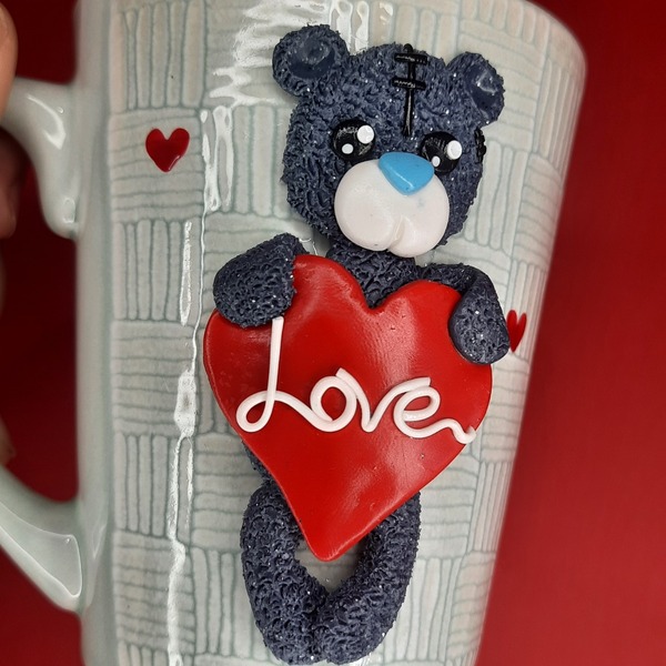 Τρισδιάστατη κούπα αρκουδάκι με καρδούλα love - πηλός, αρκουδάκι, ζευγάρια, δώρα αγίου βαλεντίνου, κούπες & φλυτζάνια - 3