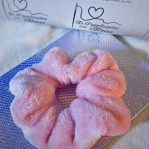 Scrunchie γούνινο baby pink - ύφασμα, λαστιχάκια μαλλιών - 2