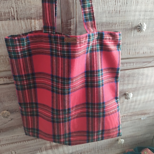 Υφασμάτινη χειροποίητη τσάντα ώμου - tote bag - κόκκινο καρό σκωτσέζικο ύφασμα -χειροποίητα δώρα δασκάλας, φίλης - ύφασμα, ώμου, all day, δώρα για δασκάλες, tote - 3
