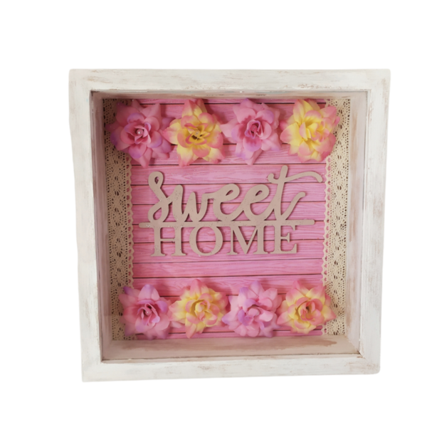 Ξύλινος κουμπαράς 20x20 εκατοστών sweet home με λουλούδια - ξύλο, δώρο, λουλούδια, κουμπαράδες