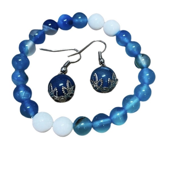 SET of AHAT BLUE and PEARL - ημιπολύτιμες πέτρες, χάντρες, ατσάλι, σταθερά, χεριού
