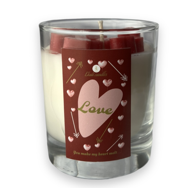 Χειροποίητο κερι με κόκκινες καρδιές/220gram - γυαλί, δώρο, αρωματικά κεριά, αγ. βαλεντίνου, κερί σόγιας