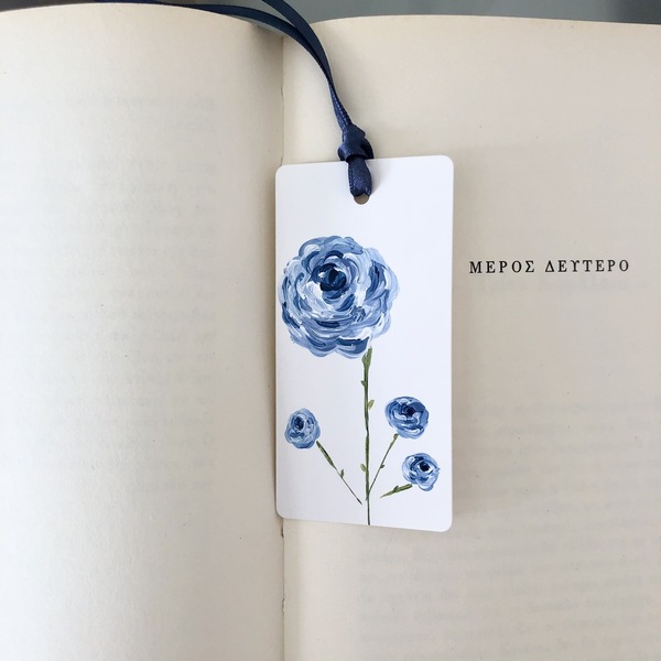 Σελιδοδείκτης μπλε τριαντάφυλλο - ζωγραφισμένα στο χέρι, τριαντάφυλλο, σελιδοδείκτες, φλοράλ, λουλούδι - 2