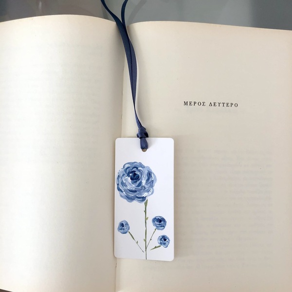 Σελιδοδείκτης μπλε τριαντάφυλλο - ζωγραφισμένα στο χέρι, τριαντάφυλλο, σελιδοδείκτες, φλοράλ, λουλούδι - 3
