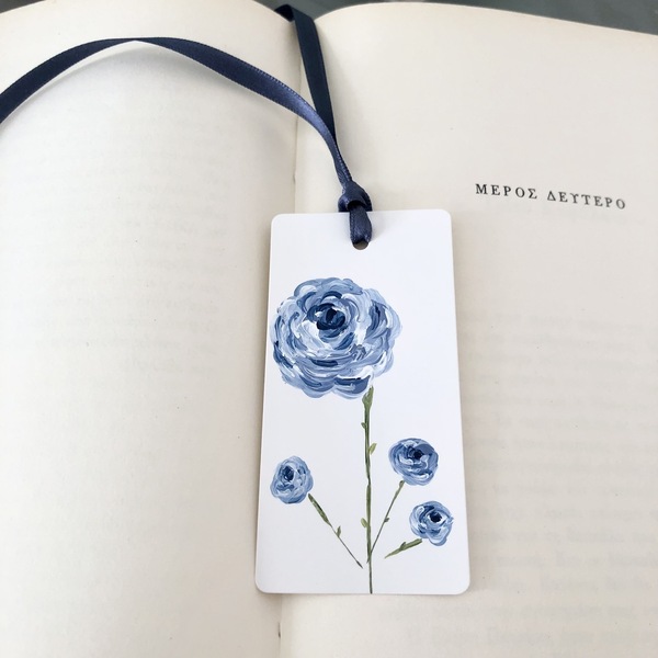 Σελιδοδείκτης μπλε τριαντάφυλλο - ζωγραφισμένα στο χέρι, τριαντάφυλλο, σελιδοδείκτες, φλοράλ, λουλούδι - 4