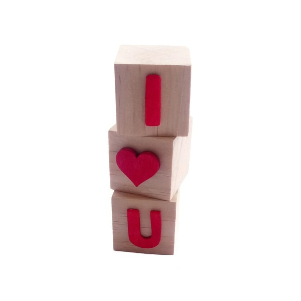 Ξύλινα Κυβάκια ♥ Σετ δώρου με Ευχετήρια Κάρτα 3x3x3εκ Καρδιά Ξύλο - ξύλο, καρδιά, κύβος, κάρτα ευχών, σετ δώρου - 3
