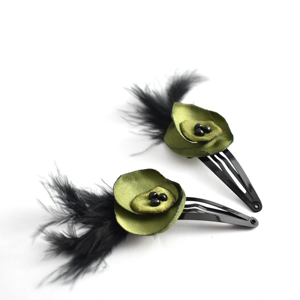 Hair clips με πράσινα λουλούδια - φτερό, δώρο, αξεσουάρ μαλλιών, hair clips