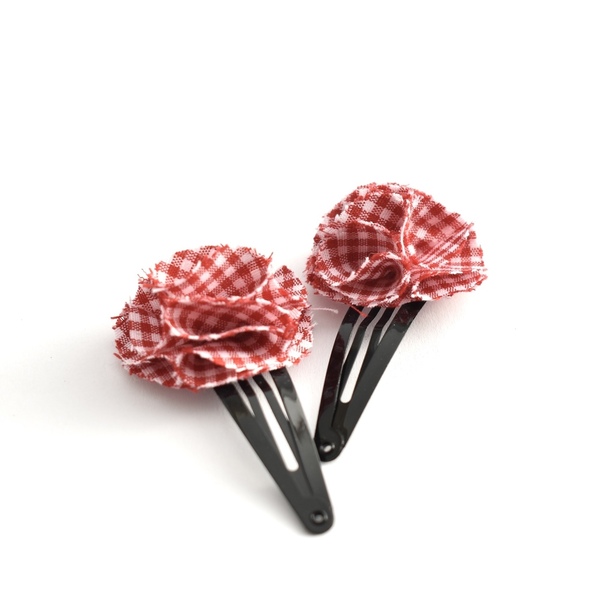 Hair clips με κόκκινα καρό λουλούδια - δώρο, καρό, ιδεά για δώρο, αξεσουάρ μαλλιών, hair clips