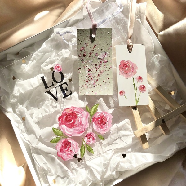 Σετ ροζ τριαντάφυλλα & abstract pink - χαρτί, σελιδοδείκτες, plexi glass, διακοσμητικά - 3