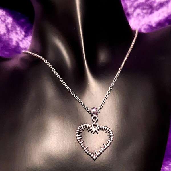 Μενταγιόν με επάργυρη καρδιά με αγκάθια και ατσάλινη αλυσίδα 45εκ - charms, μέταλλο, κοντά, ατσάλι, κοσμήματα - 3