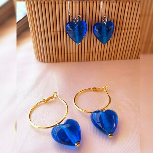 Σκουλαρίκια ατσάλι, καρδιές κεραμικες, μπλε. - γυαλί, επιχρυσωμένα, κρίκοι, ατσάλι, κοσμήματα
