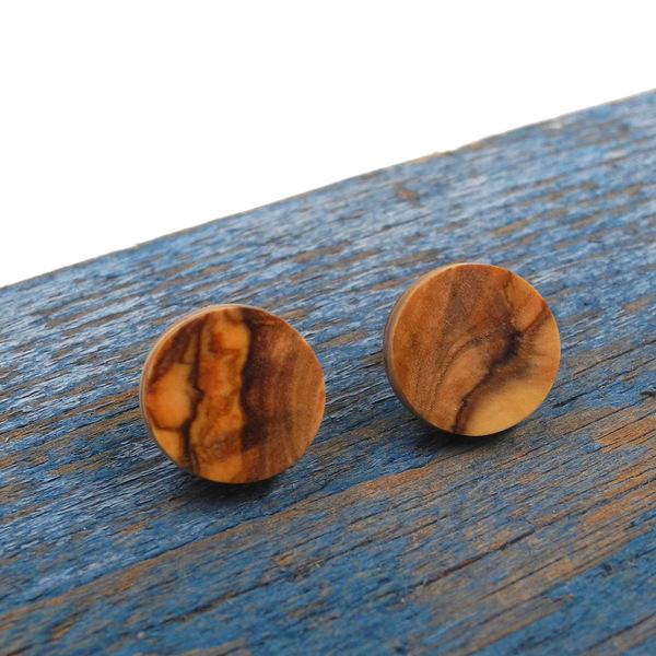 Σκουλαρίκι ανδρικό αυτιού χειροποίητο μοναδικό απο ξύλο ελιάς_016, Φ 1,5 εκ. - ξύλο, καρφωτά, boho, καρφάκι - 5