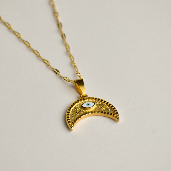 Ατσάλινο χρυσό κολιέ με επίχρυσο στοιχείο φεγγάρι με σμάλτο μάτι-μήκος: 45cm + 6cm επέκταση αλυσίδας - charms, επιχρυσωμένα, φεγγάρι, μάτι, ατσάλι, boho - 2