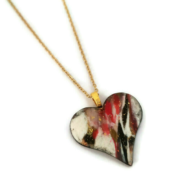 Valentine's collection - Κολιέ καρδιά από πηλό με ατσάλινη αλυσίδα 45 εκ. - καρδιά, πηλός, ατσάλι, κοσμήματα, μενταγιόν