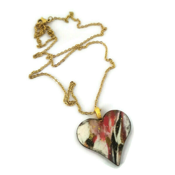 Valentine's collection - Κολιέ καρδιά από πηλό με ατσάλινη αλυσίδα 45 εκ. - καρδιά, πηλός, ατσάλι, κοσμήματα, μενταγιόν - 2