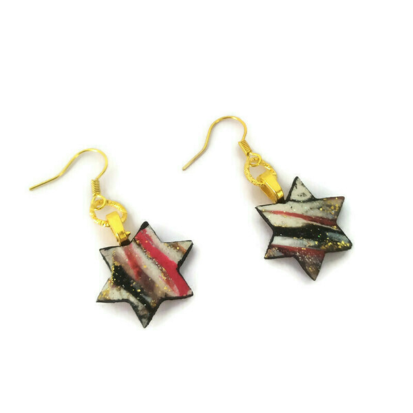 Valentine's collection - Μικρά σκουλαρίκια αστεράκια από πηλό - πηλός, μπρούντζος, κρεμαστά, γάντζος, αγ. βαλεντίνου