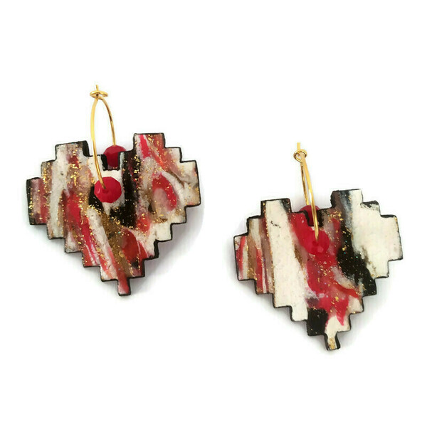 Valentine's collection -Σκουλαρίκια pixel καρδιές από πηλό με μπρούτζινους κρίκους - καρδιά, πηλός, κρίκοι, κοσμήματα, μπρούντζος