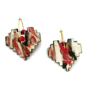 Valentine's collection -Σκουλαρίκια pixel καρδιές από πηλό με μπρούτζινους κρίκους - κρίκοι, μπρούντζος, πηλός, καρδιά, αγ. βαλεντίνου