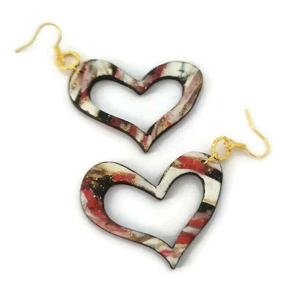 Valentine's collection -Σκουλαρίκια διάτρητες καρδιές από πηλό - καρδιά, πηλός, κοσμήματα, μπρούντζος, κρεμαστά