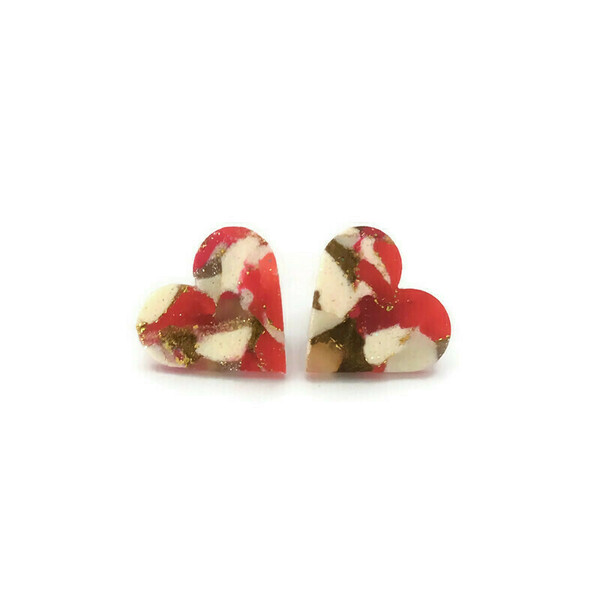 Valentine's collection -Καρφωτά σκουλαρίκια καρδιές από πολυμερή πηλό - καρδιά, πηλός, καρφωτά, ατσάλι, κοσμήματα