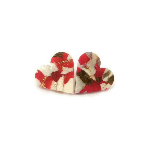 Valentine's collection -Καρφωτά σκουλαρίκια καρδιές από πηλό - καρδιά, πηλός, καρφωτά, ατσάλι, κοσμήματα