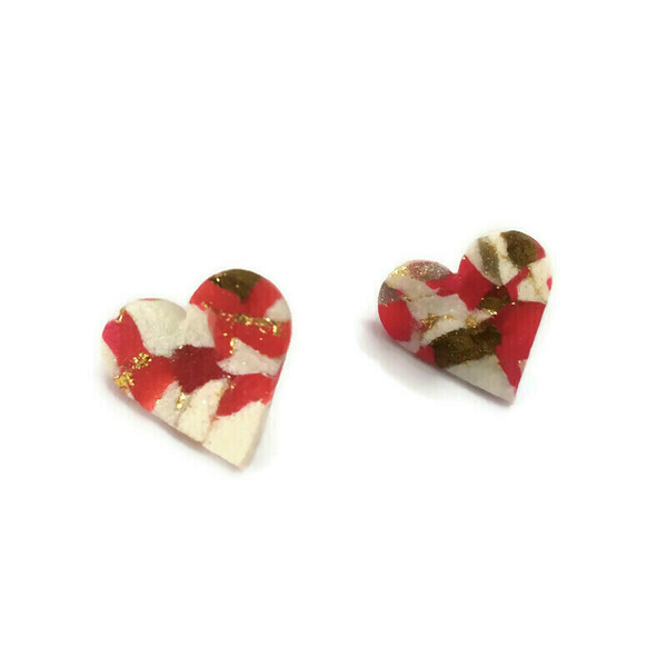 Valentine's collection -Καρφωτά σκουλαρίκια καρδιές από πηλό - καρδιά, πηλός, καρφωτά, ατσάλι, κοσμήματα - 2