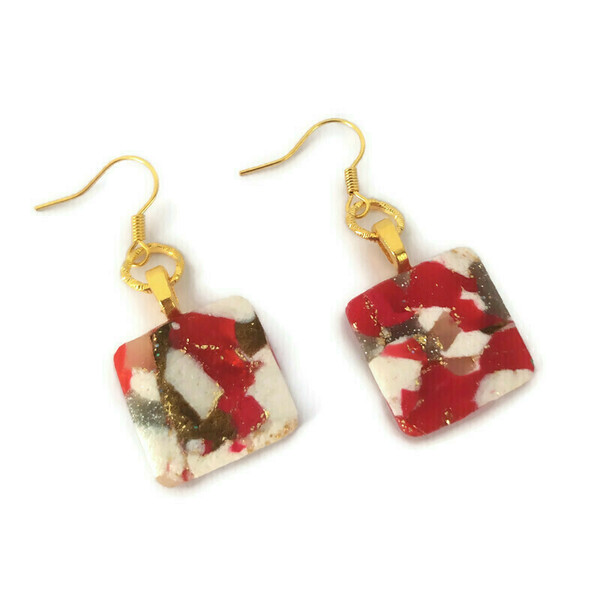 Valentine's collection - Μικρά τετράγωνα σκουλαρίκια από πηλό - πηλός, μικρά, μπρούντζος, κρεμαστά, αγ. βαλεντίνου