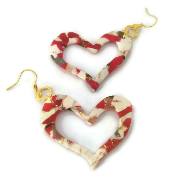 Valentine's collection - Κρεμαστά σκουλαρίκια διάτρητες καρδιές από πηλό - καρδιά, πηλός, κοσμήματα, κρεμαστά, αγ. βαλεντίνου