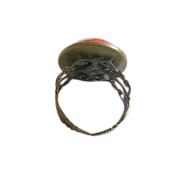 Δαχτυλίδι οβάλ σε μπρούντζινη βάση και κόκκινο καμπουσον ρητίνης - γυαλί, μπρούντζος, μεγάλα, αυξομειούμενα, φθηνά - 3