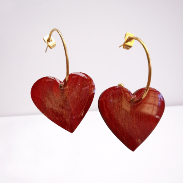 Ξύλινα κρεμαστά σκουλαρίκια " Κόκκινες καρδιές"! - ξύλο, καρδιά, μέταλλο, κοσμήματα - 2