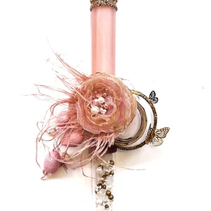 Ρομαντική λαμπαδα με πεταλούδες , πέρλες και χειροποίητο λουλούδι - κορίτσι, λαμπάδες, για ενήλικες, για εφήβους, πασχαλινά δώρα