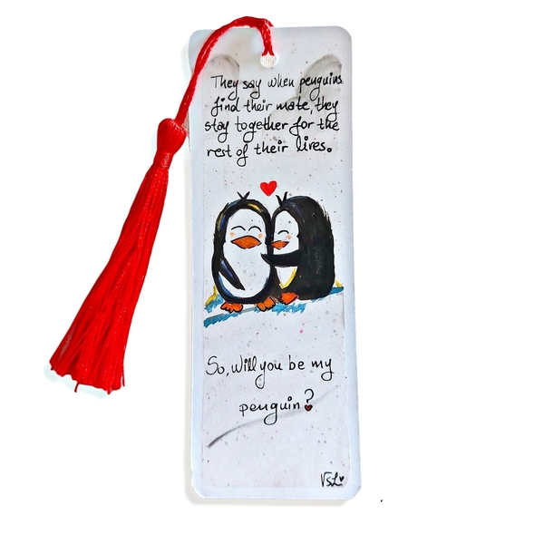 Ζωγραφιστός χάρτινος σελιδοδείκτης πιγκουινάκια - ζωγραφισμένα στο χέρι, σελιδοδείκτες, δώρα αγίου βαλεντίνου