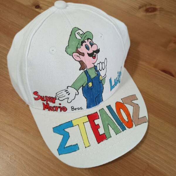 παιδικό καπέλο jockey με όνομα και θέμα super mario ( λουίτζι ) - ζωγραφισμένα στο χέρι, όνομα - μονόγραμμα, καπέλα, σούπερ ήρωες - 4