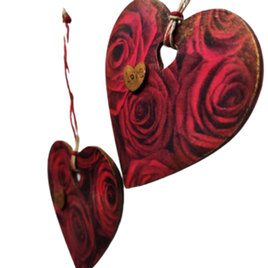δύο ξύλινες καρδιές decoupage με κόκκινα τριαντάφυλλα - 8,00εκ Χ 8,00εκ - ξύλο, καρδιά, είδη γάμου, δώρα αγίου βαλεντίνου, δωρο για επέτειο - 5