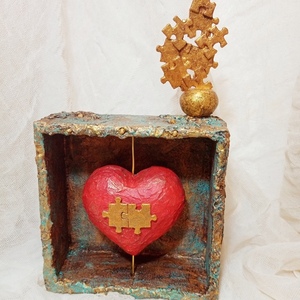 Καρδιά mixed media με κομμάτια puzzles - καρδιά, χαρτί, πηλός - 2