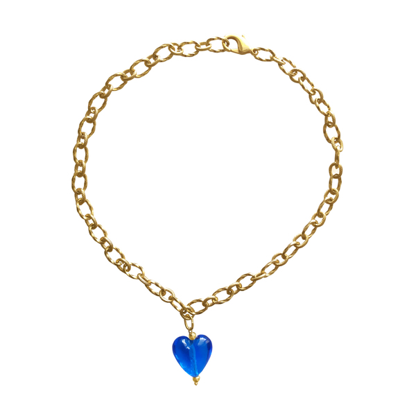 Ατσάλινη αλυσίδα με μπλε ρουά γυάλινη καρδιά μήκος 42 εκ. - γυαλί, καρδιά, ατσάλι, αγ. βαλεντίνου, μενταγιόν