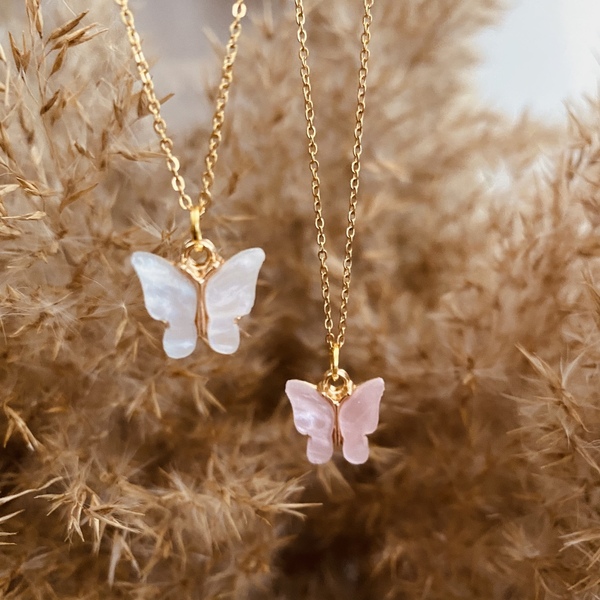 Κολιέ ατσάλι επιχρυσωμένο - White butterfly - charms, επιχρυσωμένα, πεταλούδα, κοντά, ατσάλι - 4