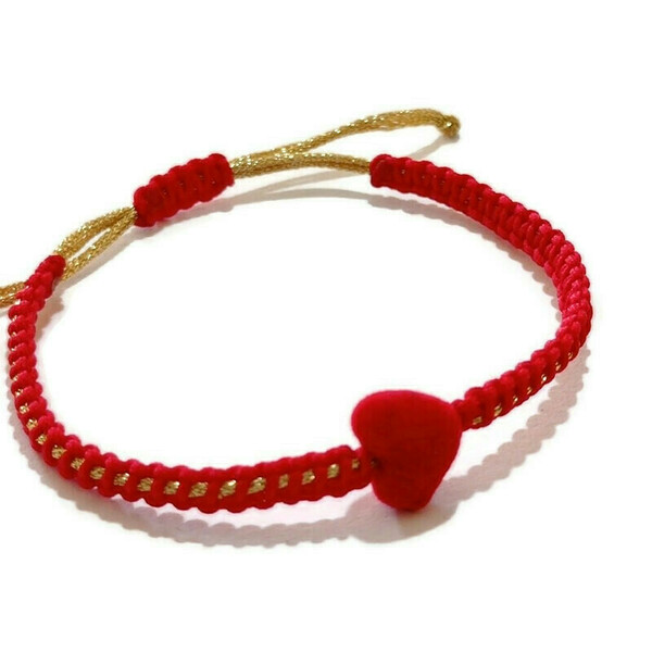Βραχιόλι με το κόκκινη βελούδινη καρδιά - νήμα, καρδιά, κοσμήματα, αυξομειούμενα, δώρα για γυναίκες