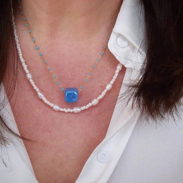 Αλυσίδα ατσάλινη με σμάλτο μπλε. Φανταστική ! - επιχρυσωμένα, ατσάλι, layering, seed beads, μπλε χάντρα - 4