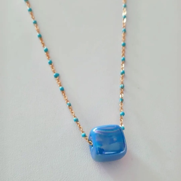 Αλυσίδα ατσάλινη με σμάλτο μπλε. Φανταστική ! - επιχρυσωμένα, ατσάλι, layering, seed beads, μπλε χάντρα - 3
