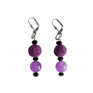 "Deep Purple" - Κρεμαστά σκουλαρίκια με λάβα και γυάλινες πέτρες - γυαλί, λάβα, χάντρες, κρεμαστά, γάντζος