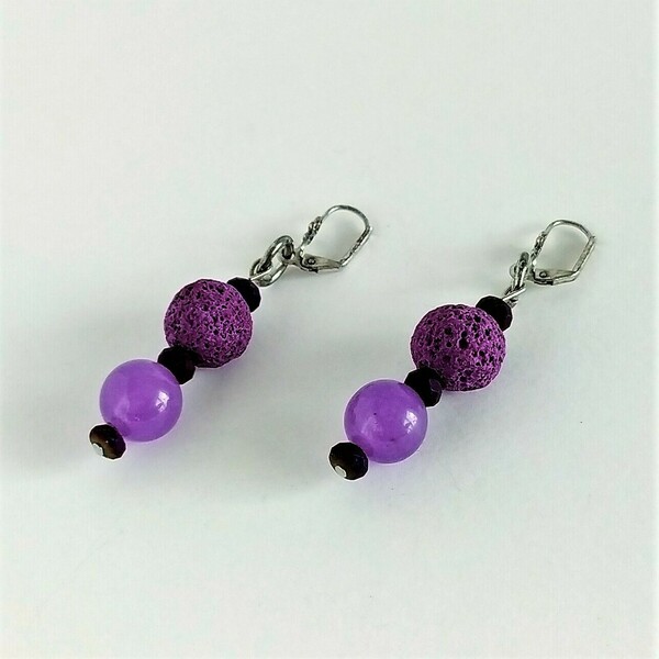 "Deep Purple" - Κρεμαστά σκουλαρίκια με λάβα και γυάλινες πέτρες - γυαλί, λάβα, χάντρες, κρεμαστά, γάντζος - 2