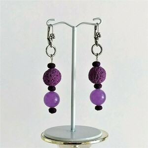 "Deep Purple" - Κρεμαστά σκουλαρίκια με λάβα και γυάλινες πέτρες - γυαλί, λάβα, χάντρες, κρεμαστά, γάντζος - 5