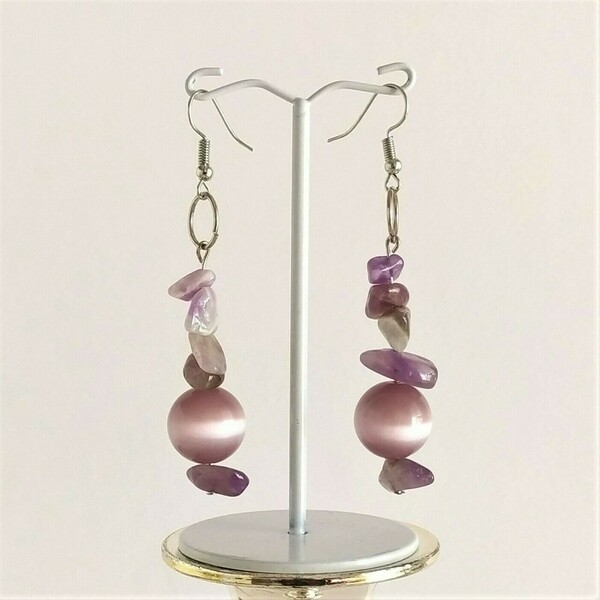 "Lilac" - Κρεμαστά σκουλαρίκια με ημιπολύτιμες πέτρες - ημιπολύτιμες πέτρες, γυαλί, αμέθυστος, χάντρες, κρεμαστά - 5