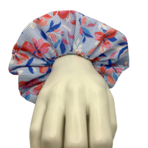 Υφασμάτινο λαστιχάκι scrunchie with stripes and blue flowers - ύφασμα, κορίτσι, φλοράλ, για τα μαλλιά, λαστιχάκια μαλλιών - 4