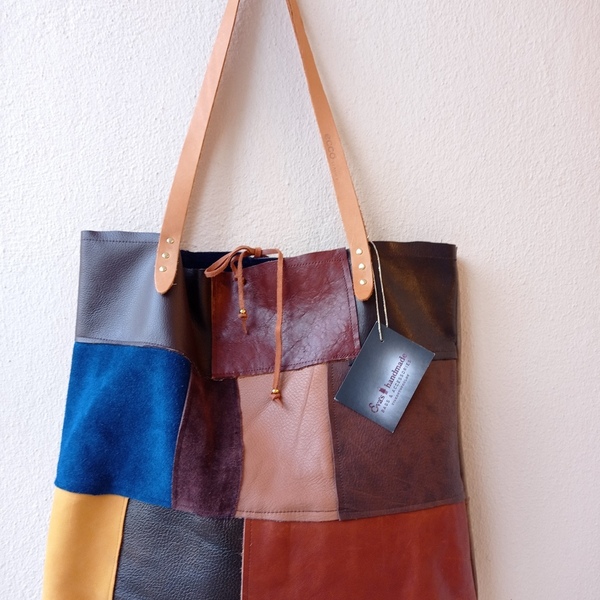 Δερμάτινη τσάντα shopper patchwork - δέρμα, ώμου, μεγάλες, all day, tote - 2