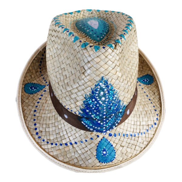 Ζωγραφισμένο Ψάθινο Καπέλο "Blue Feather" - ψάθινα