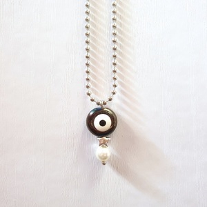 Γυναικείο κολιέ με κεραμικό μάτι, χάντρα φίλντισι και αστεράκι σε αλυσίδα ασημί ορειχάλκινη - ημιπολύτιμες πέτρες, charms, φίλντισι, ορείχαλκος, μάτι - 3