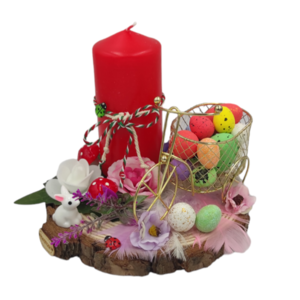 Πασχαλινή Σύνθεση με κόκκινο κερί, διακοσμητικά και ποδήλατο με πασχαλινά αυγά, επάνω σε κορμό ξύλου - διακοσμητικά, πασχαλινά αυγά διακοσμητικά, πασχαλινή διακόσμηση, πασχαλινά δώρα