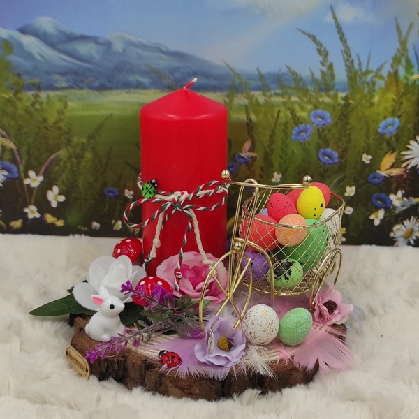 Πασχαλινή Σύνθεση με κόκκινο κερί, διακοσμητικά και ποδήλατο με πασχαλινά αυγά, επάνω σε κορμό ξύλου - διακοσμητικά, πασχαλινά αυγά διακοσμητικά, πασχαλινή διακόσμηση, πασχαλινά δώρα - 4